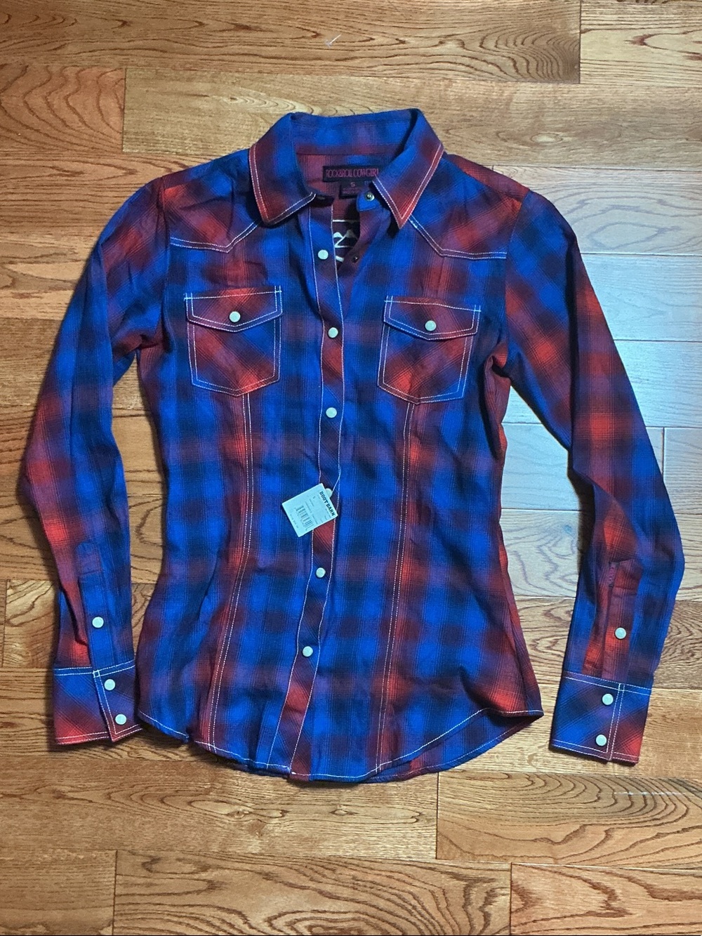 Rock & Roll Cowgirl Red and Blue Plaid Western Snap Shirt
